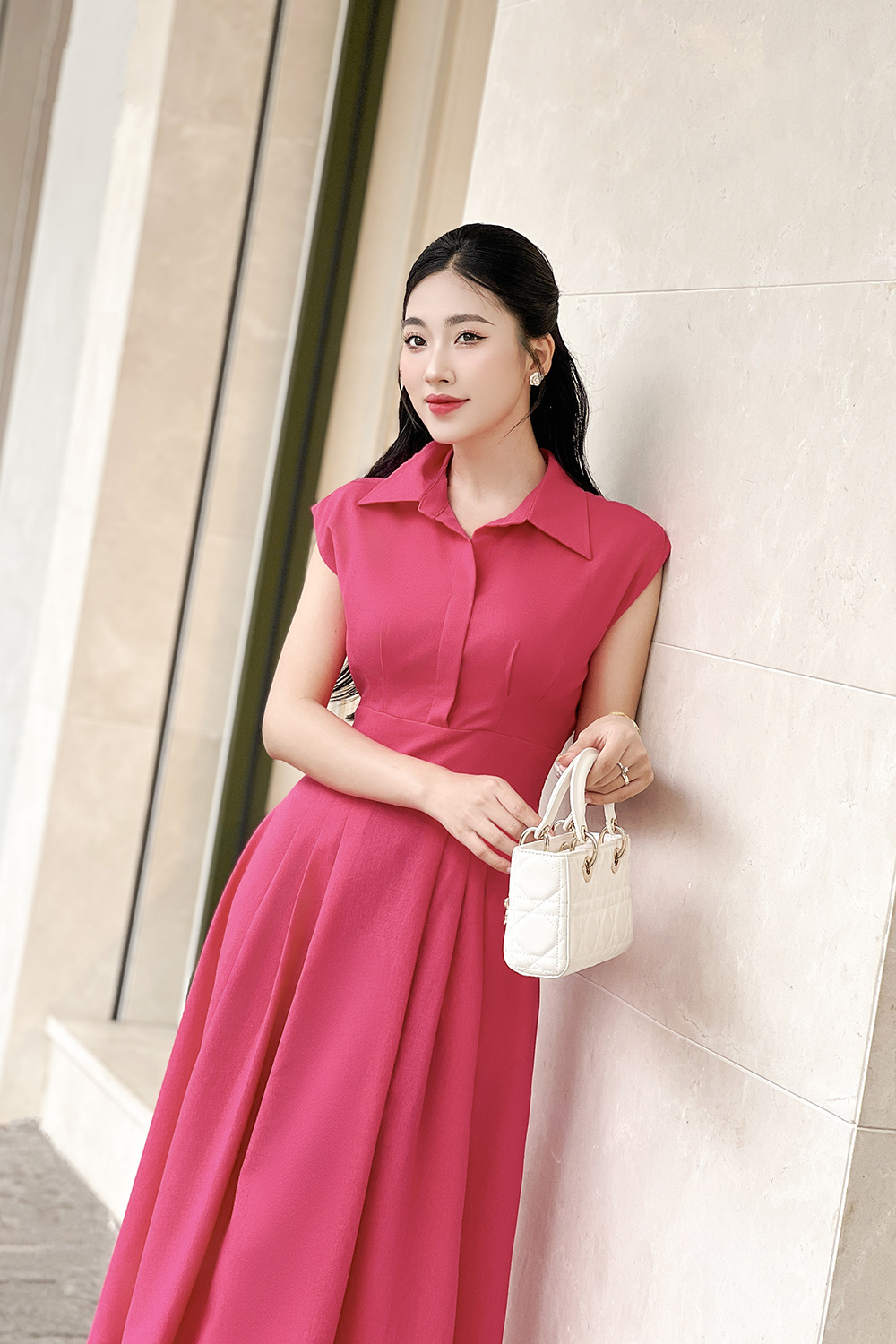 Đầm hồng dáng xòe cổ sơ mi