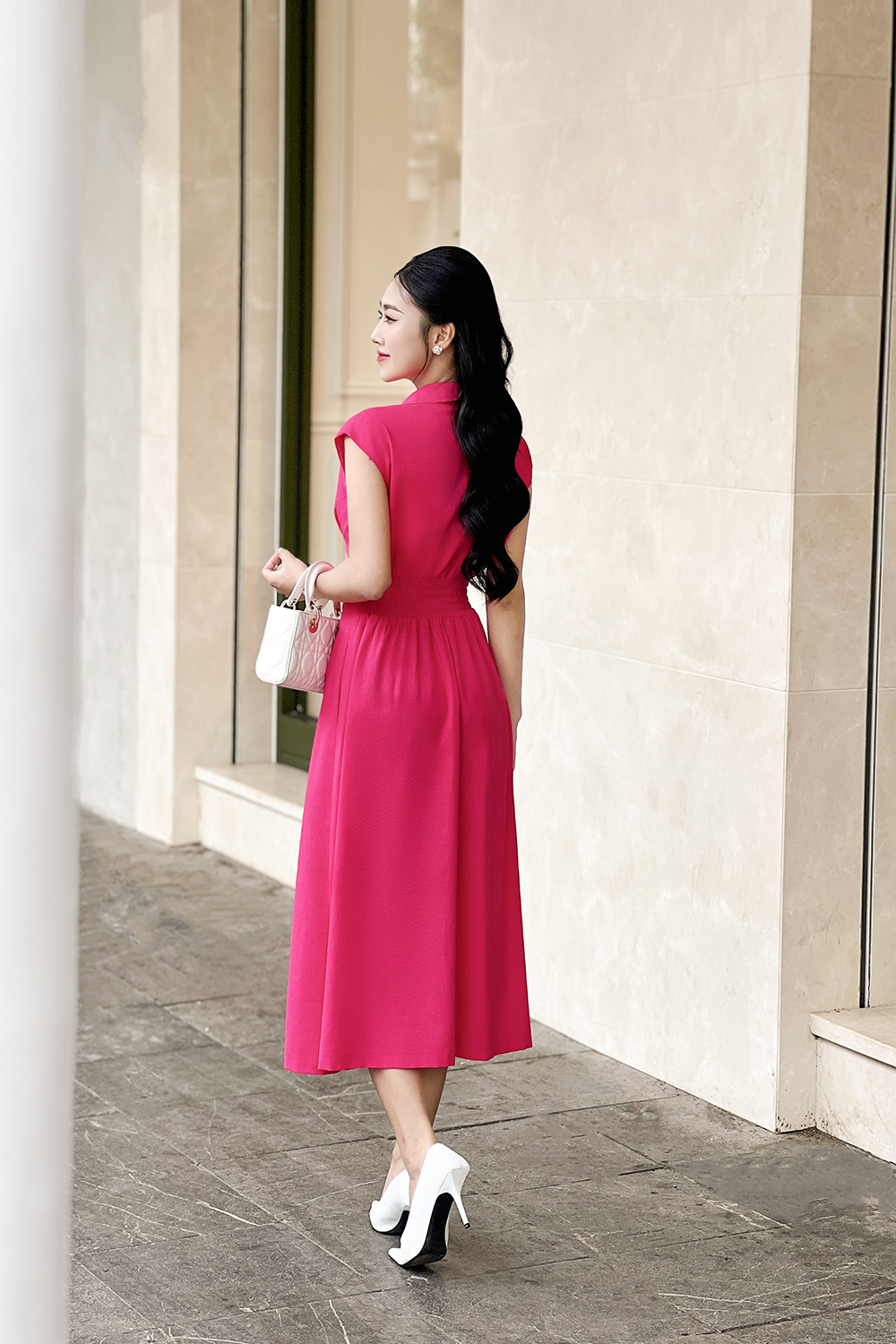 Đầm hồng dáng xòe cổ sơ mi