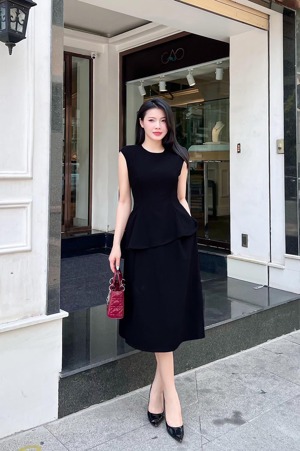 Đầm peplum công sở liền thân màu đen