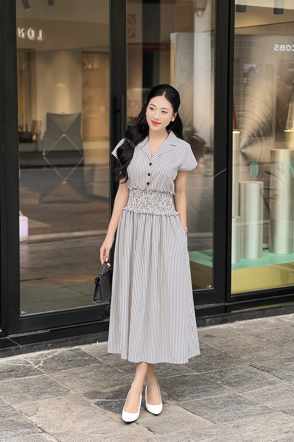 Đầm dáng xòe xếp ly eo họa tiết kẻ sọc KK168-25
