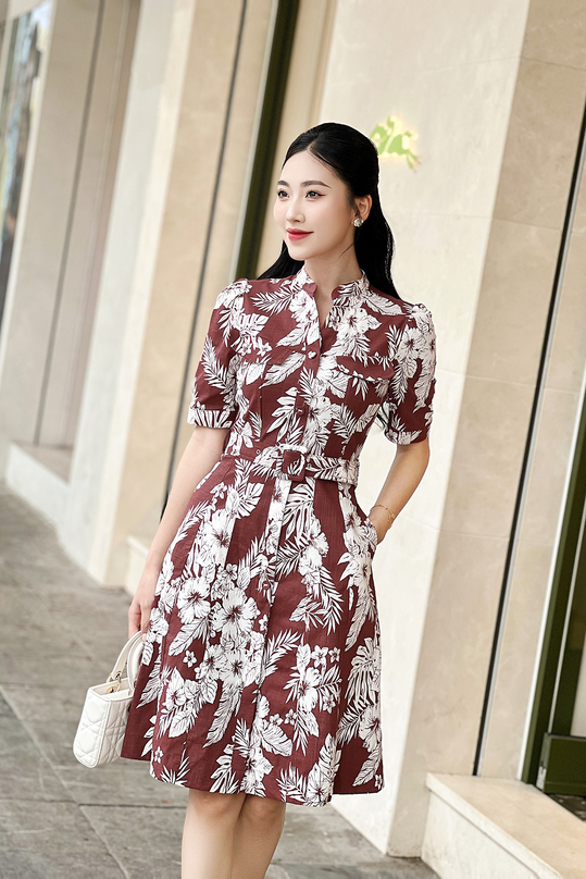 Đầm sơ mi xòe họa tiết hoa lá phối thắt lưng HL27-20