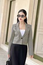 Áo khoác blazer nữ họa tiết caro dáng ngắn