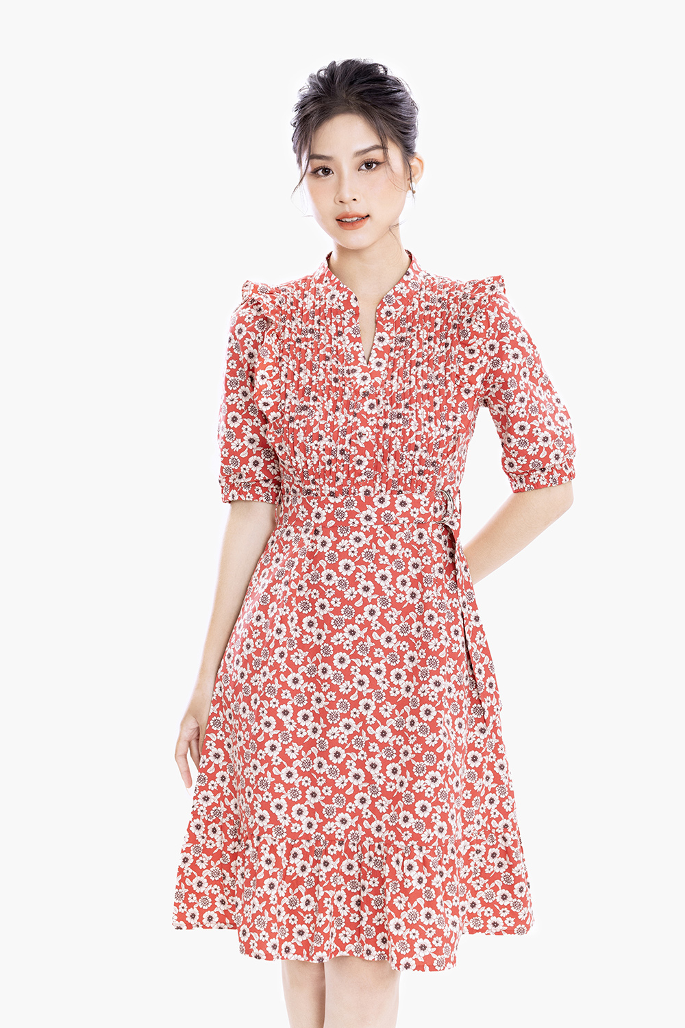 Đầm hoa dáng xòe đuôi cá xếp ly