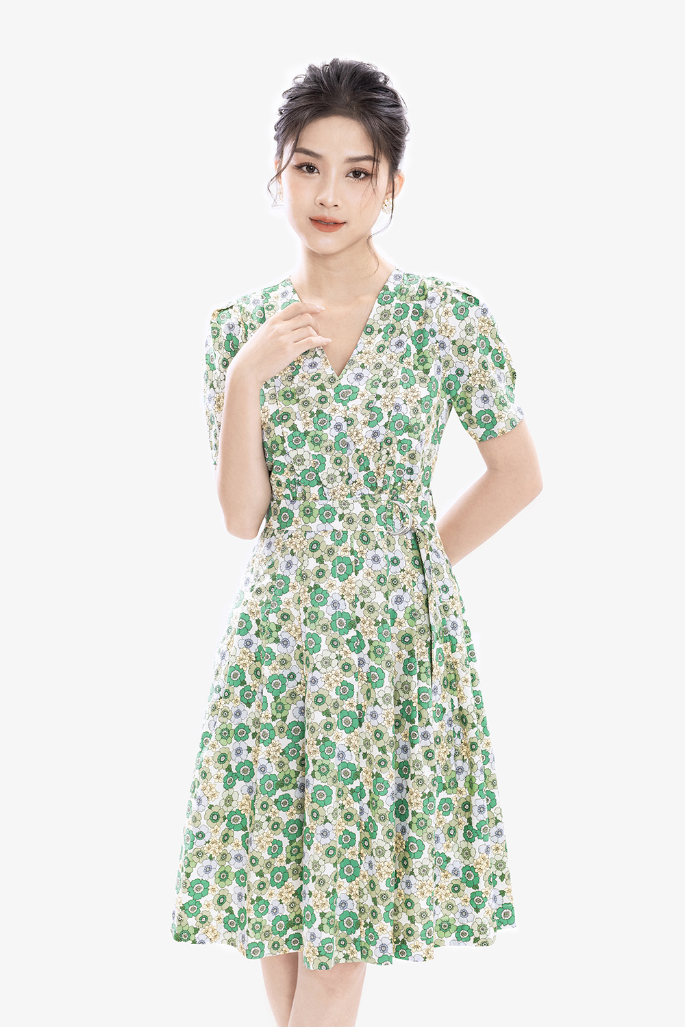 Đầm hoa xanh công sở cổ V dáng xòe