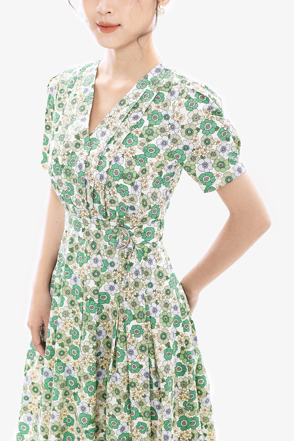 Đầm hoa xanh công sở cổ V dáng xòe