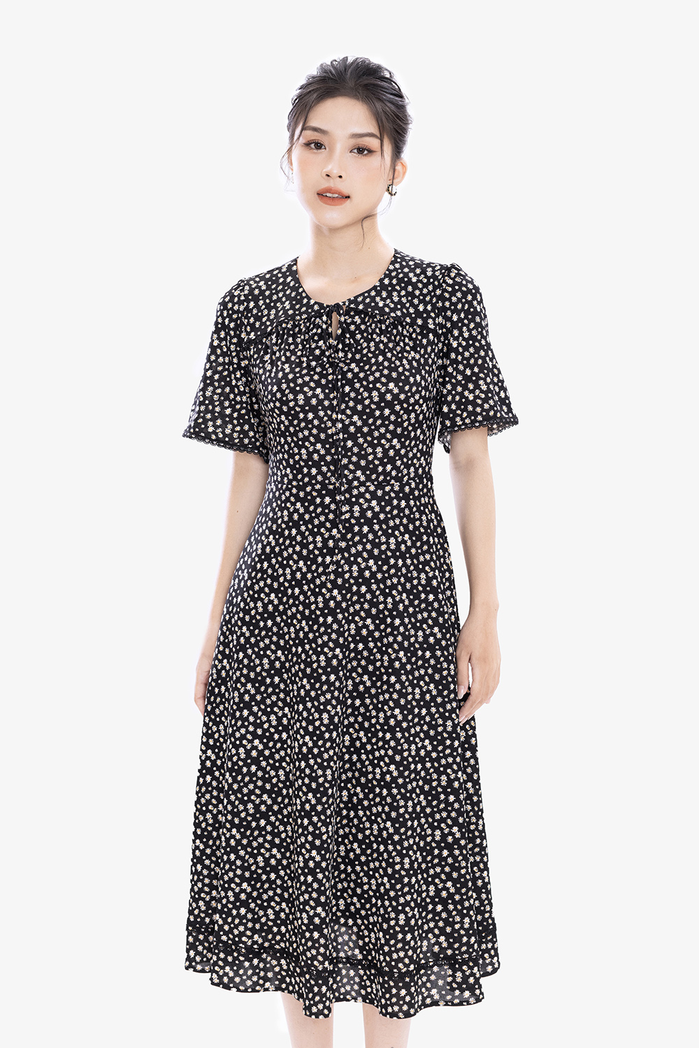 Đầm thun đen hoa công sở dáng xòe