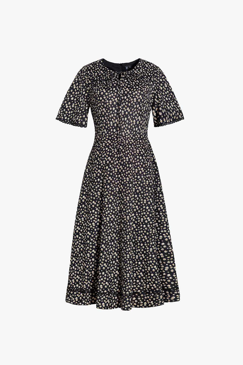 Đầm thun đen hoa công sở dáng xòe