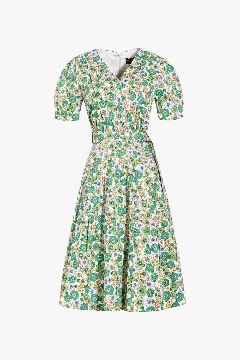 Đầm hoa xanh công sở cổ V dáng xòe