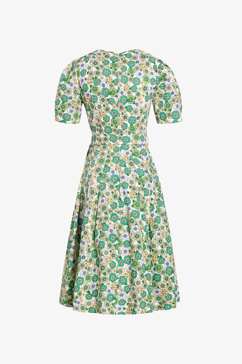 Đầm hoa xanh công sở cổ V dáng xòe