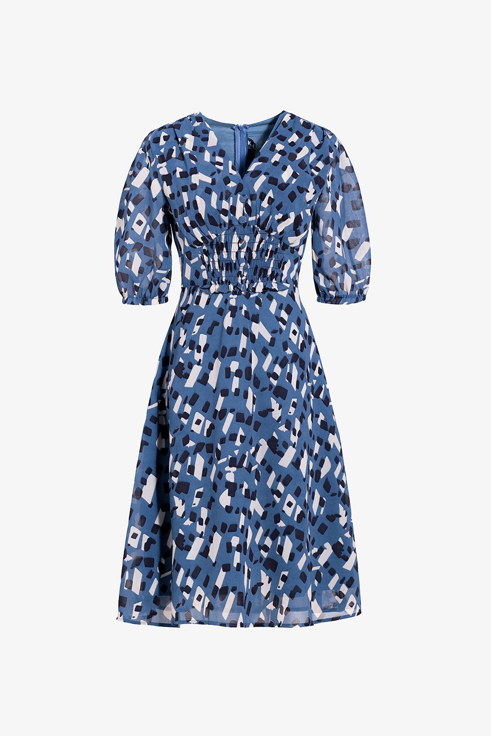 Đầm voan xanh họa tiết dáng chữ A xòe