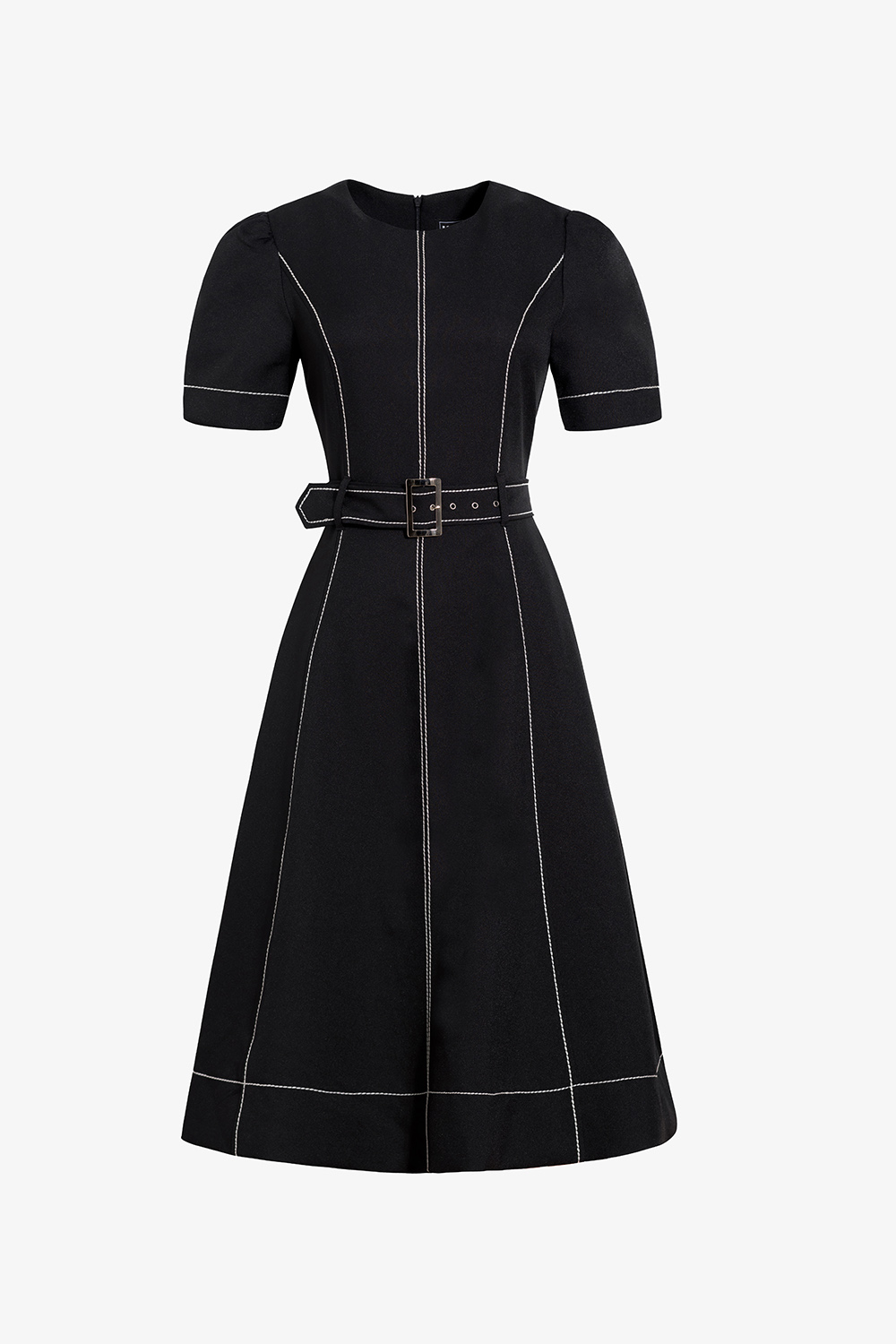 Đầm đen công sở chữ A xòe phối viền chỉ