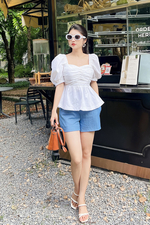 Áo kiểu peplum màu trắng tay phồng