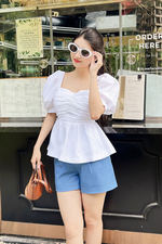 Áo kiểu peplum màu trắng tay phồng