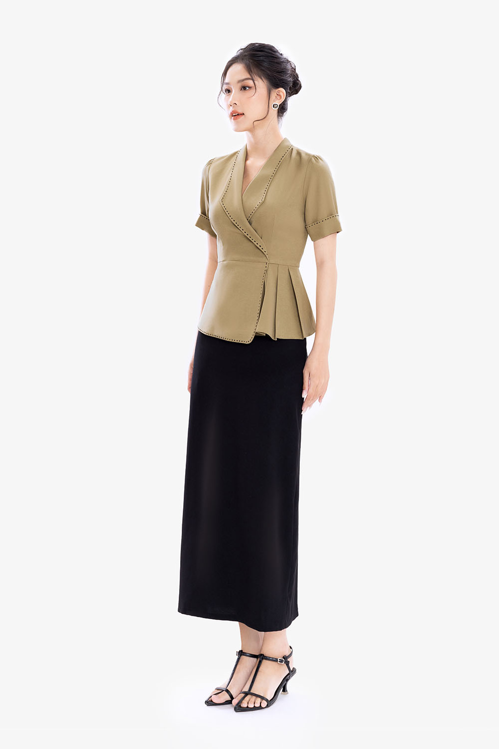 Áo peplum công sở màu nâu viền chỉ đen ASM20-04