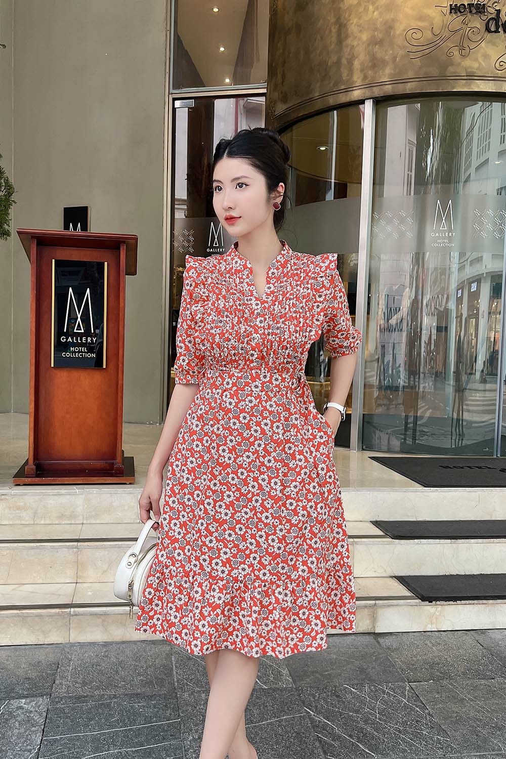 Đầm hoa dáng xòe đuôi cá xếp ly