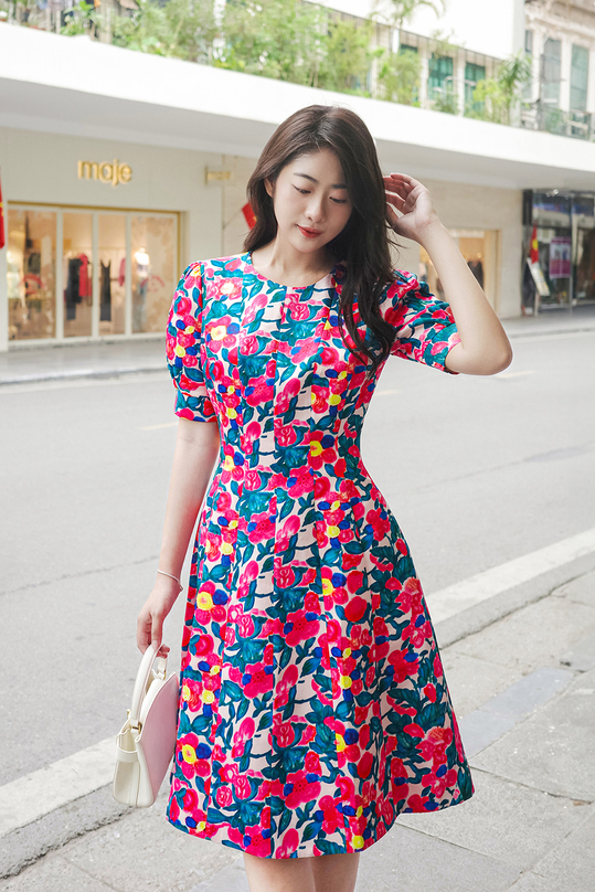 Đầm xòe họa tiết hoa tay phồng KK168-21