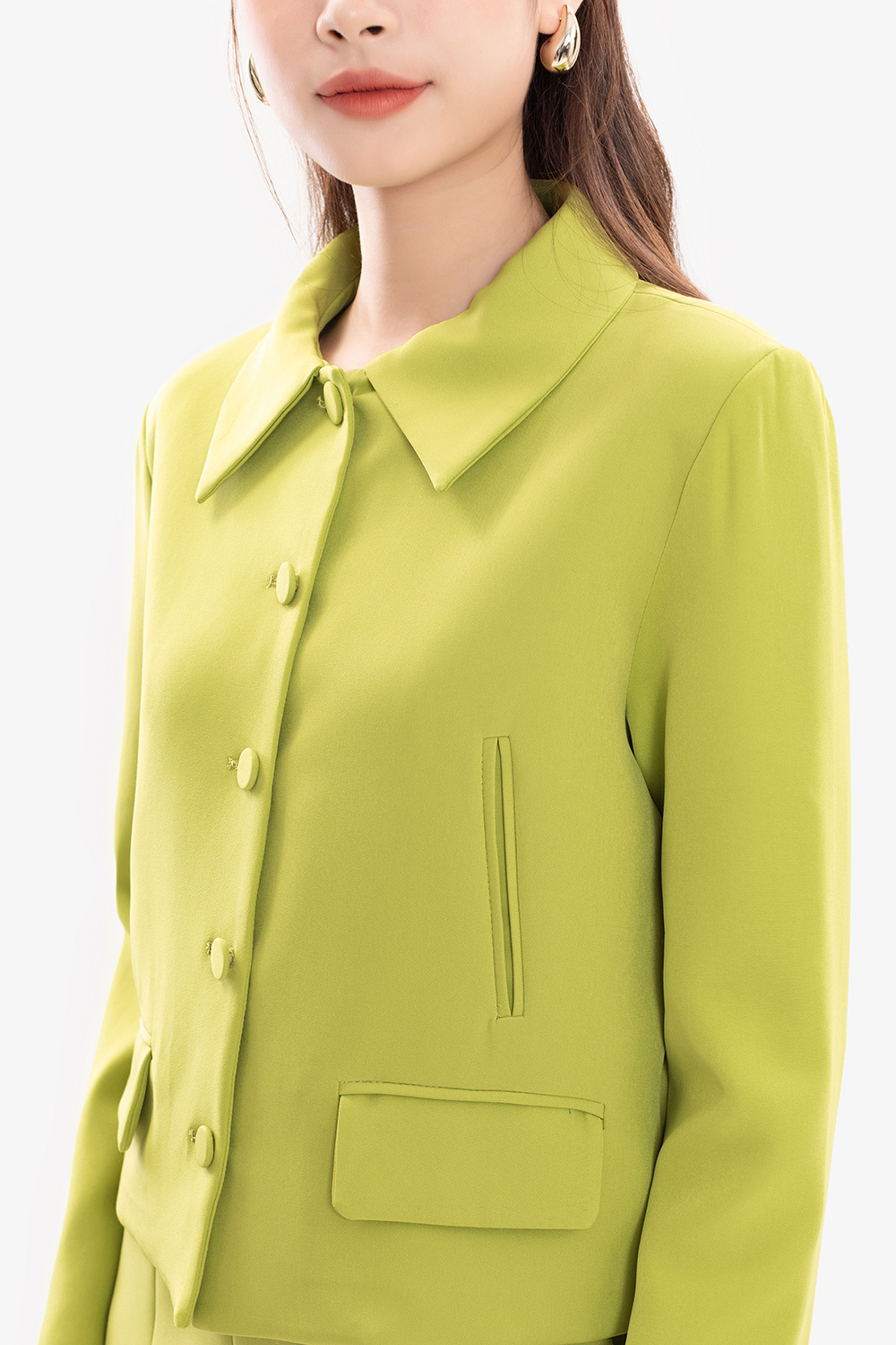 Áo khoác nữ màu xanh dáng suông tay dài