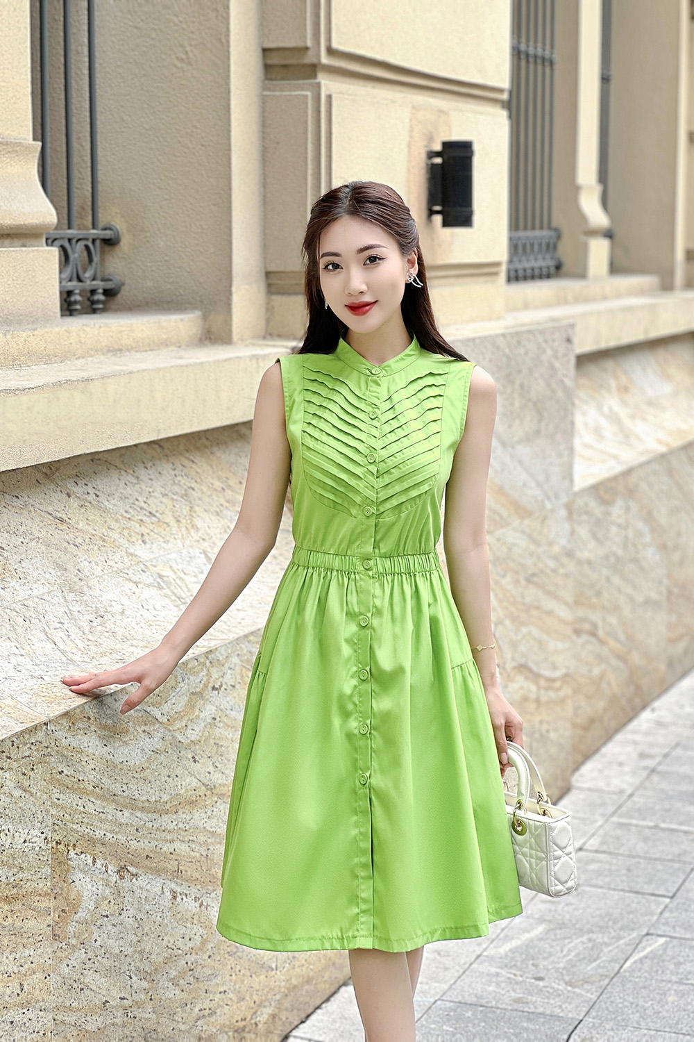 Đầm sơ mi dáng xòe cổ trụ ngực xếp ly KK167-37