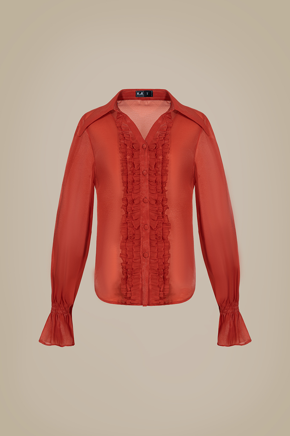 Áo sơ mi nữ màu cam phối bèo tay dài