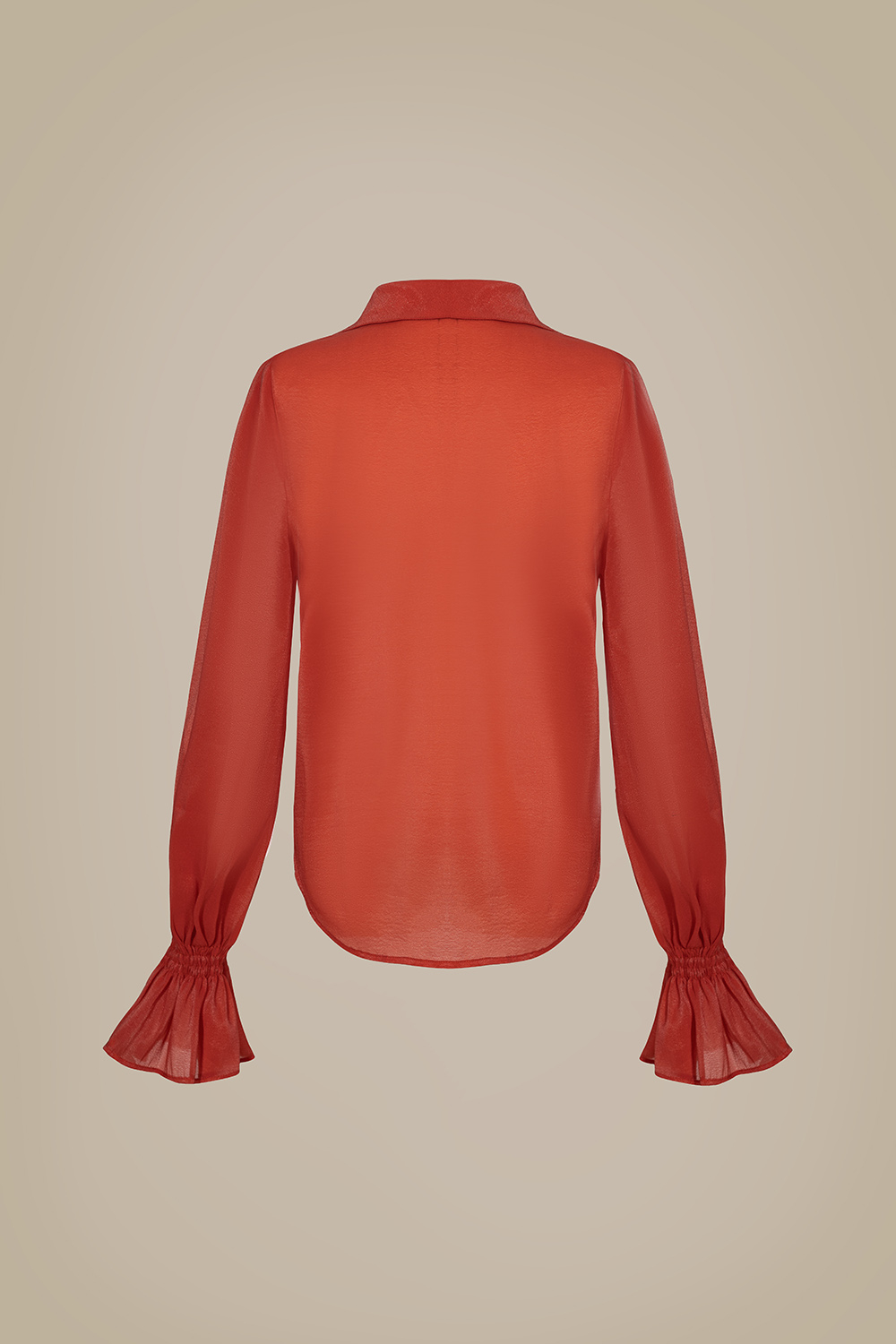 Áo sơ mi nữ màu cam phối bèo tay dài