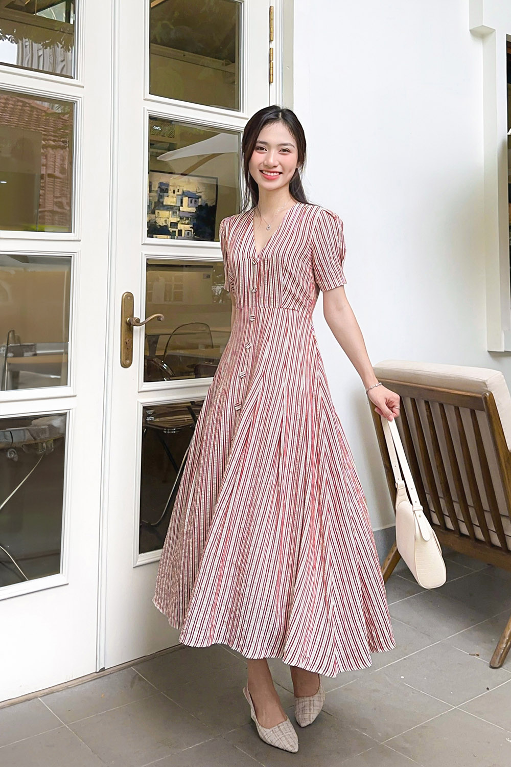Đầm công sở kẻ sọc dáng xòe cổ V KK168-08