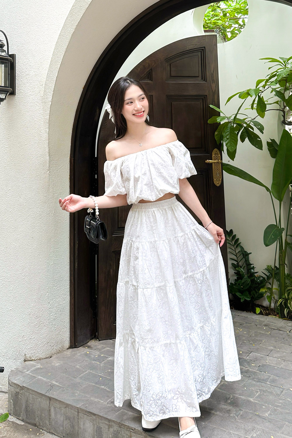 Áo kiểu croptop bẹt vai tay phồng ASM19-20