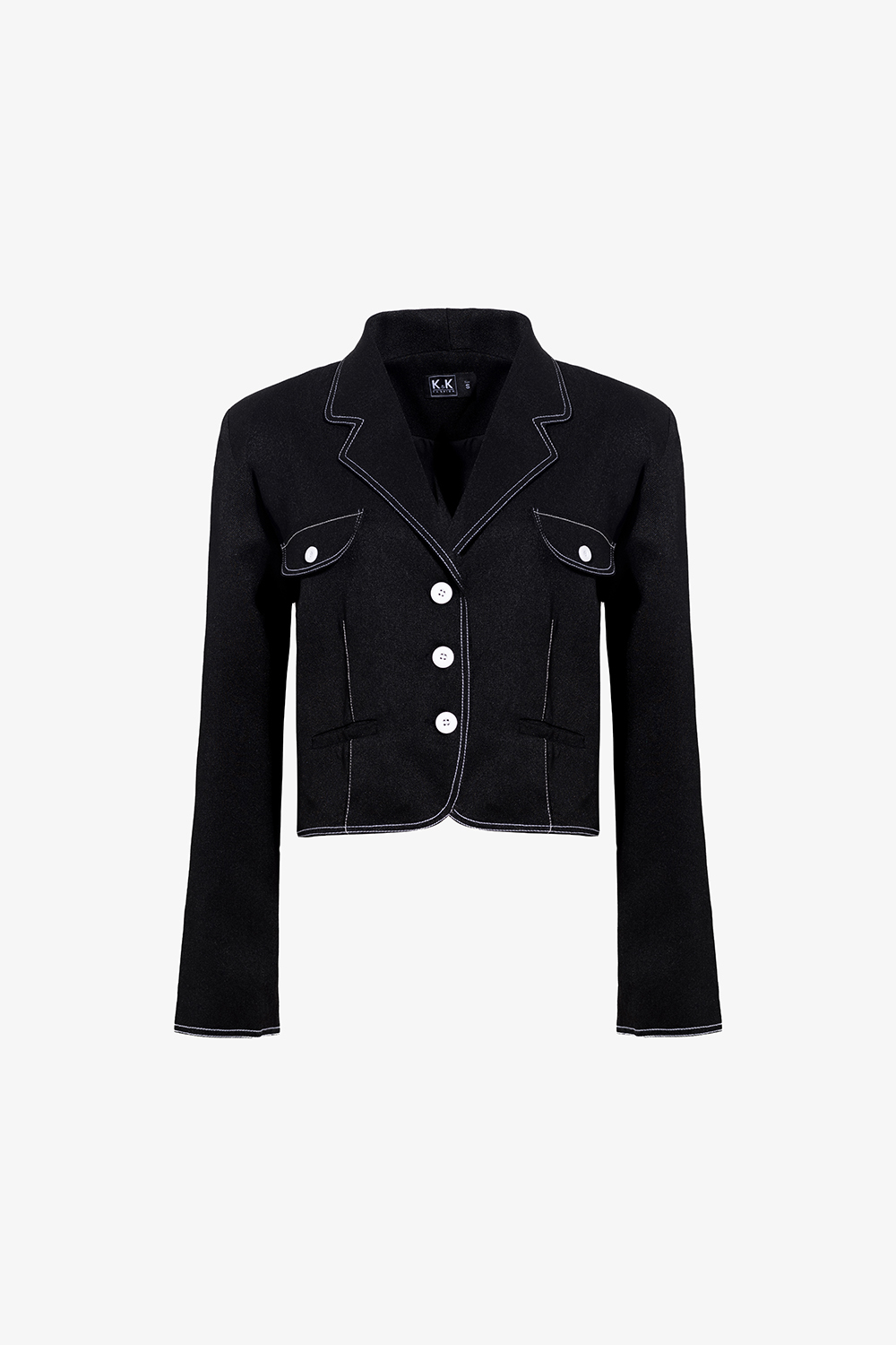 Áo khoác nữ màu đen viền chỉ trắng phối túi