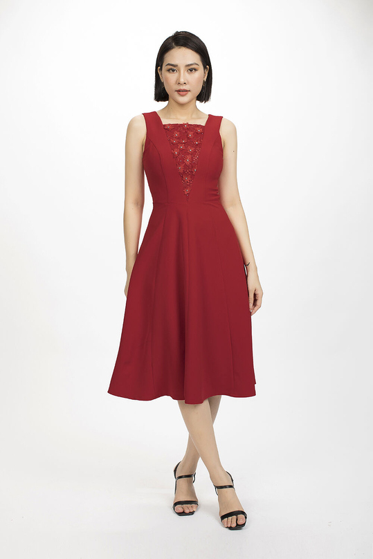 Đầm xòe midi hai dây thêu hoa HL11-30