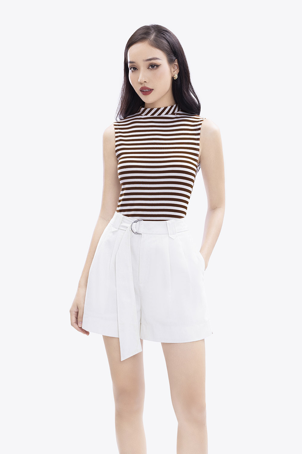 Áo thun ba lỗ nữ kẻ ngang cổ trụ