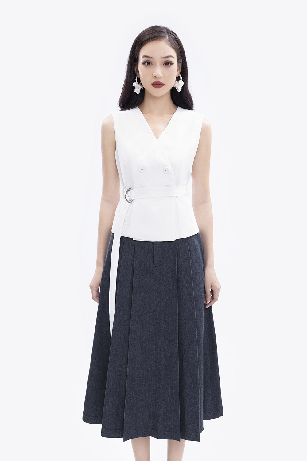 Chân váy denim dáng xoè xếp ly