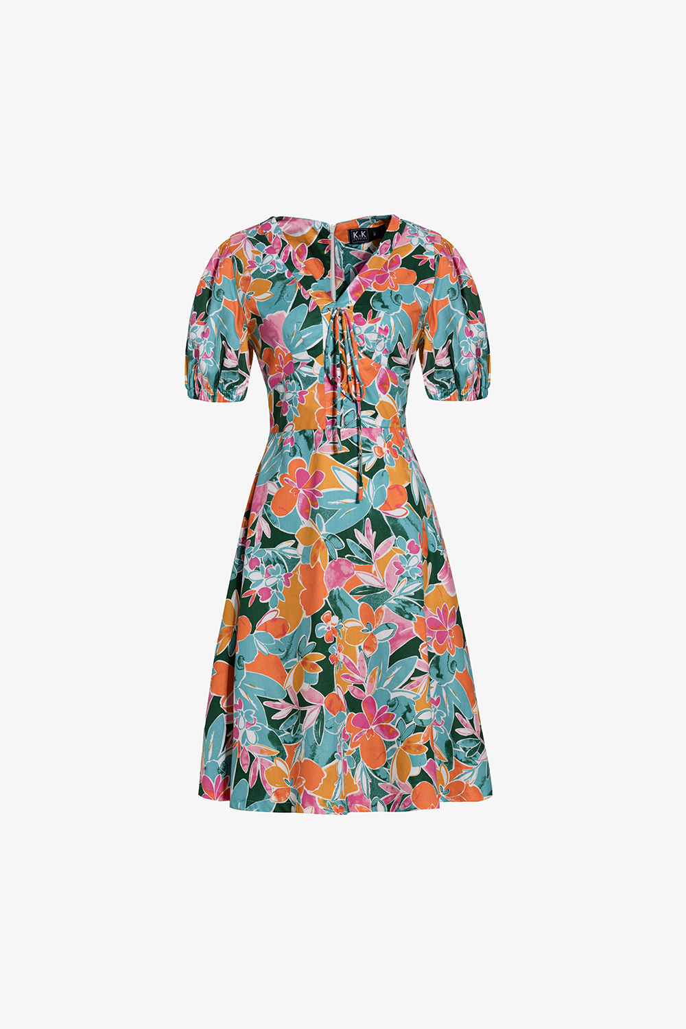 Đầm xòe hoa nhiều màu cổ V đan dây nơ