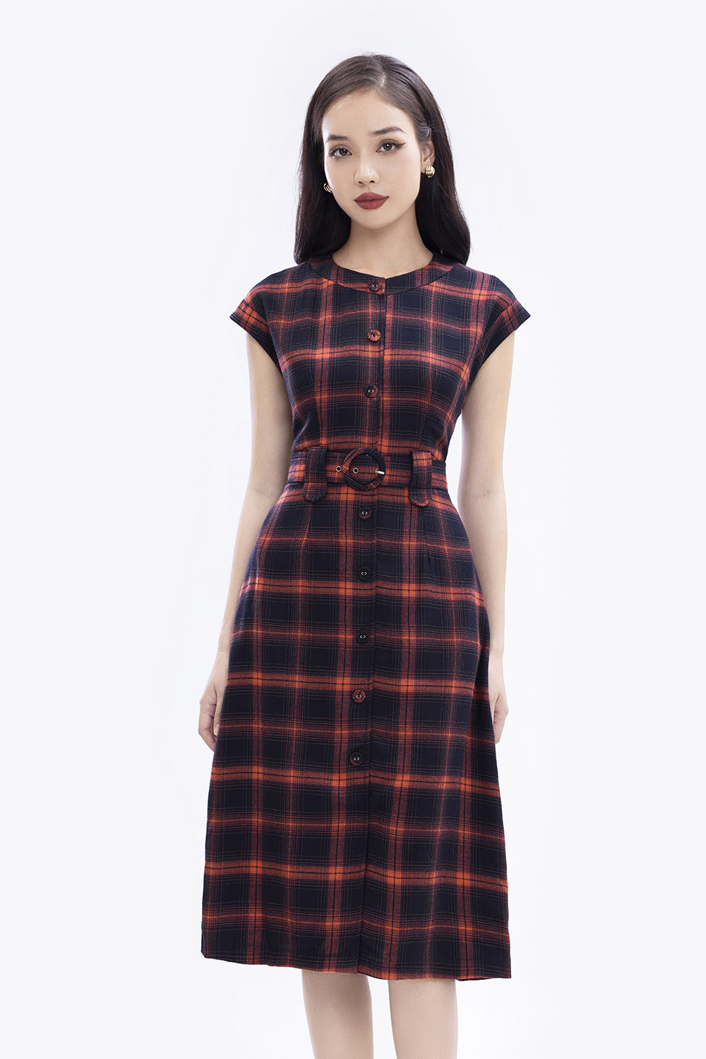 Đầm xòe công sở caro đỏ đen phối đai eo