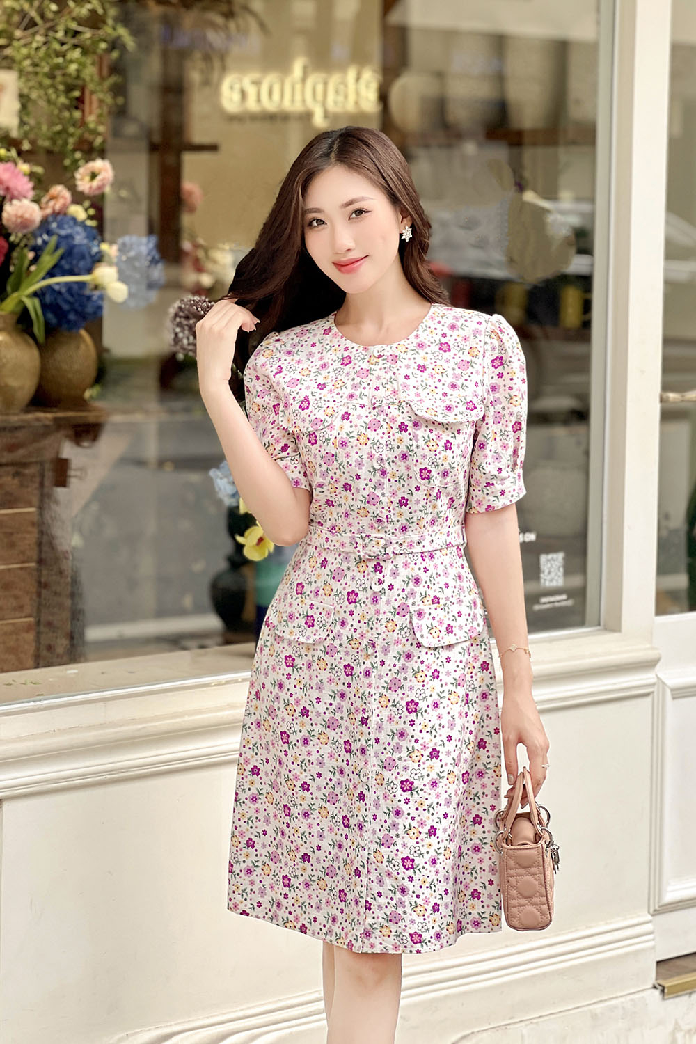 Đầm hoa công sở dáng chữ A kèm belt