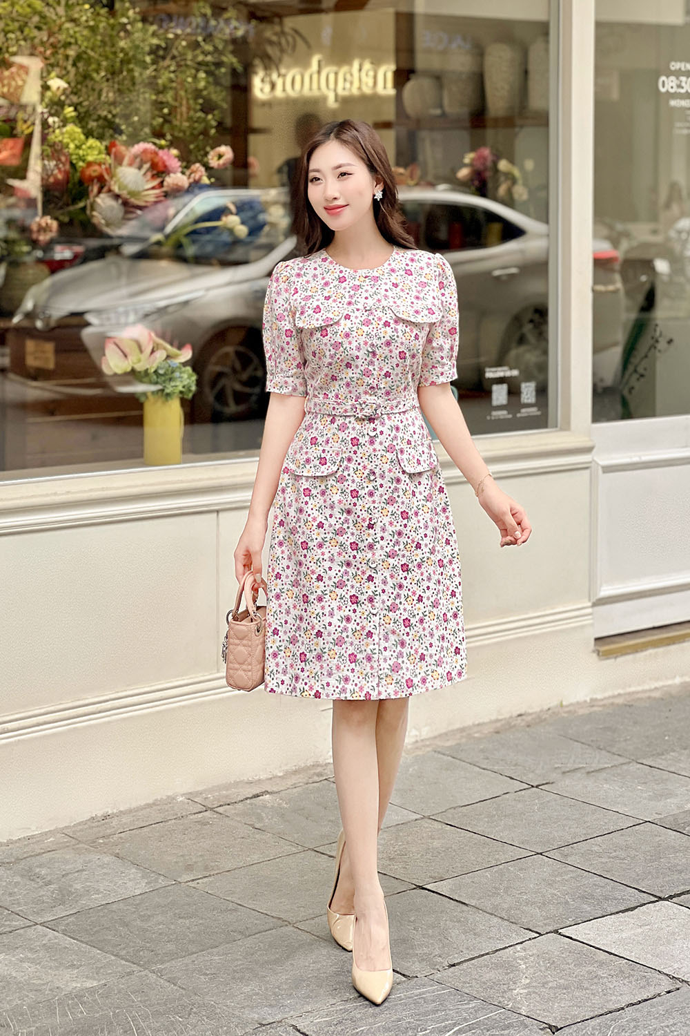 Đầm hoa công sở dáng chữ A kèm belt HL27-35