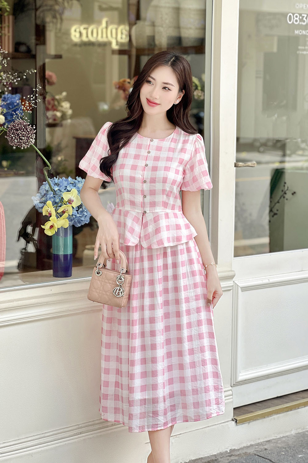 Chân váy dài dáng xòe caro trắng hồng CV07-30