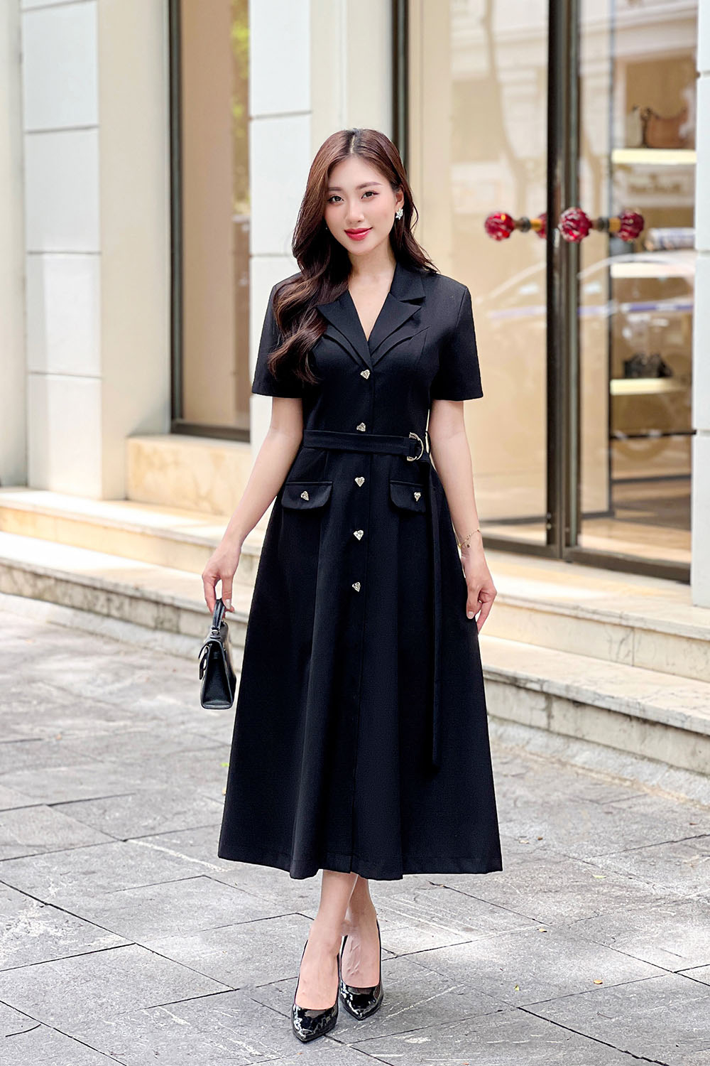 Đầm đen sơ mi công sở dáng dài kèm belt KK169-33