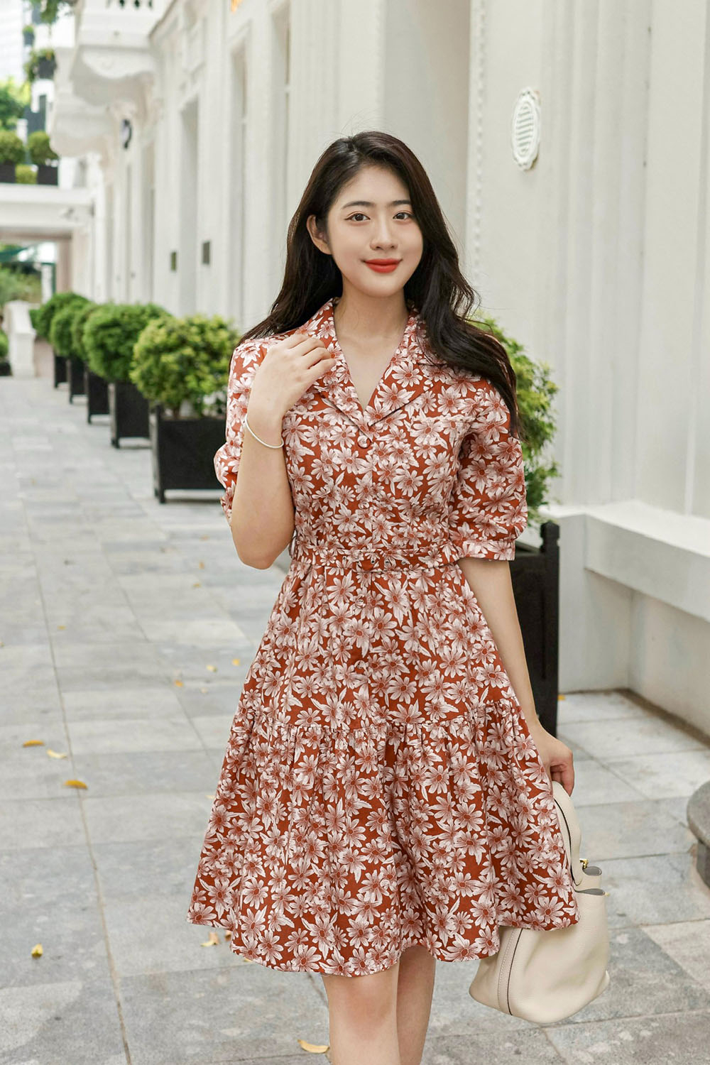 Đầm hoa đuôi cá cổ đan tông kèm đai eo KK169-39