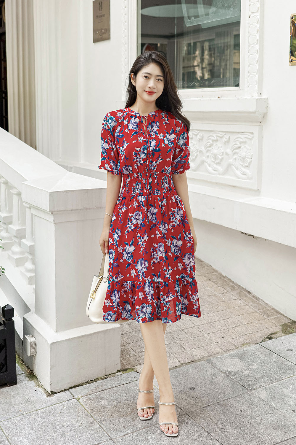 Đầm đỏ dáng xòe đuôi cá họa tiết hoa KK169-15