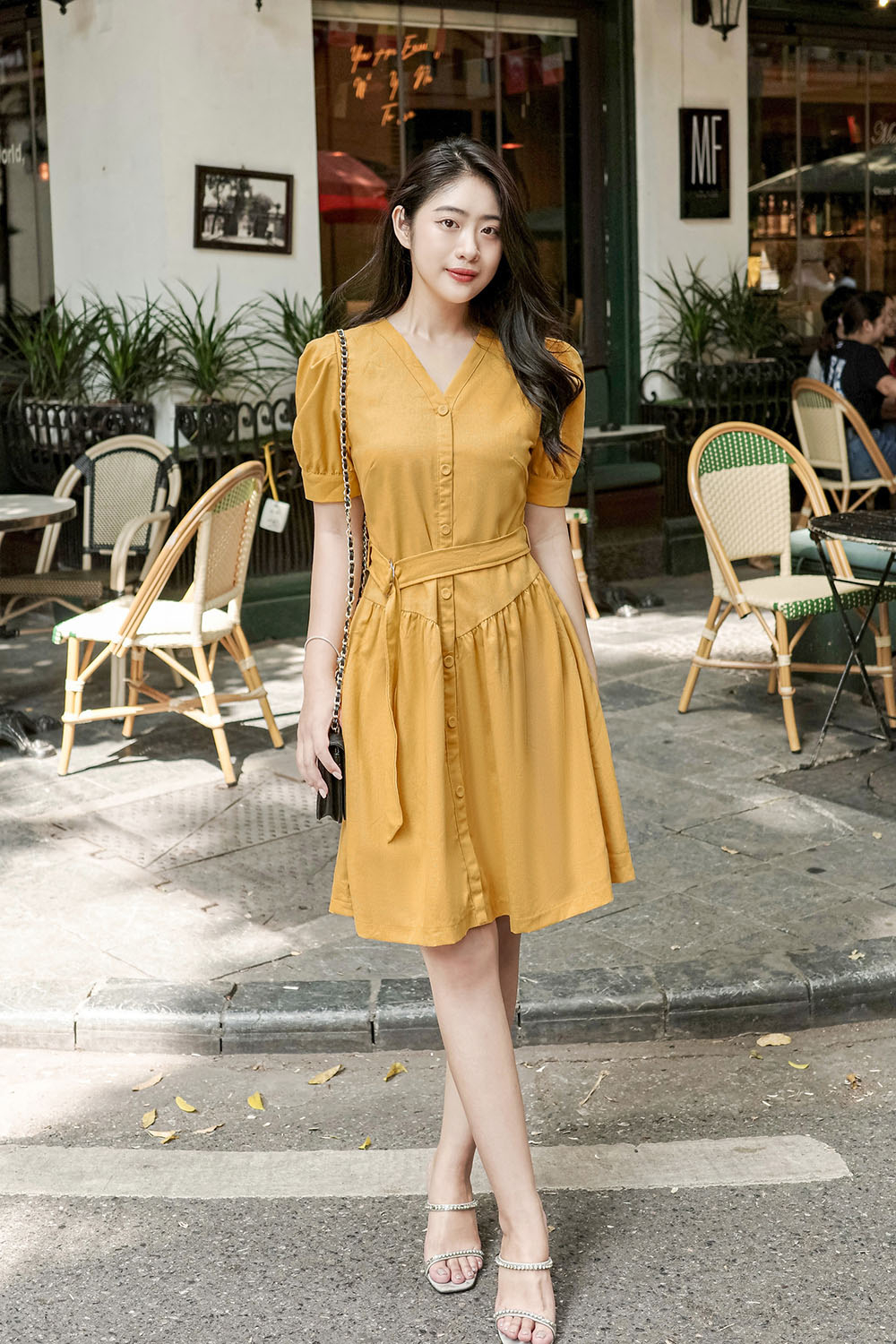 Đầm xòe hạ eo phối thắt lưng KK168-36