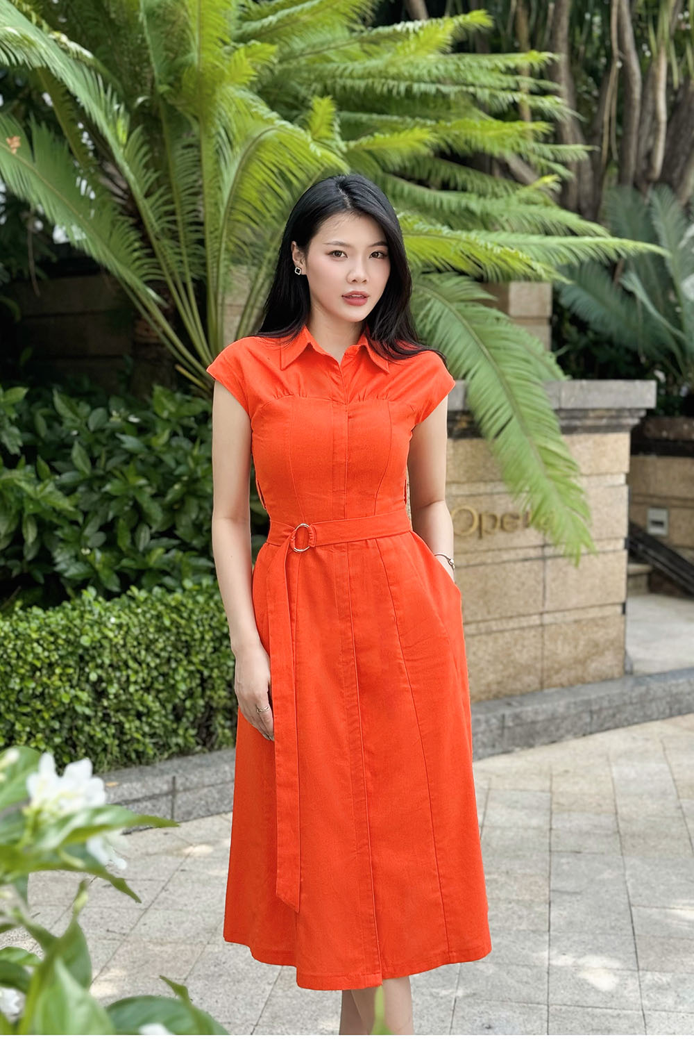 Đầm dài công sở nữ màu cam cổ sơ mi KK169-19