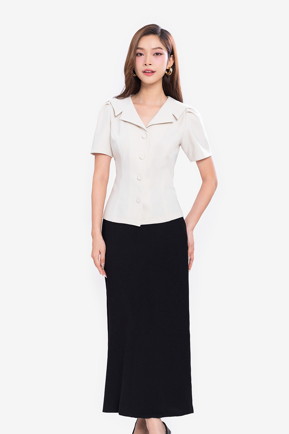 Áo kiểu công sở nữ màu kem tay ngắn ASM19-38