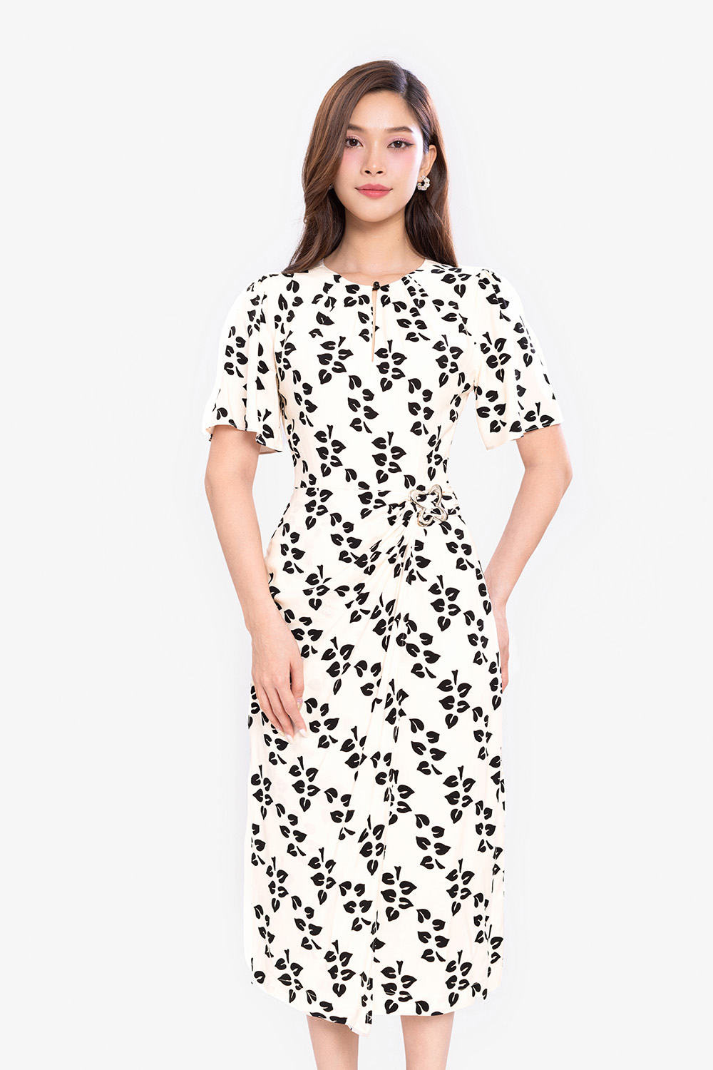 Đầm họa tiết wrap dress phối nơ eo