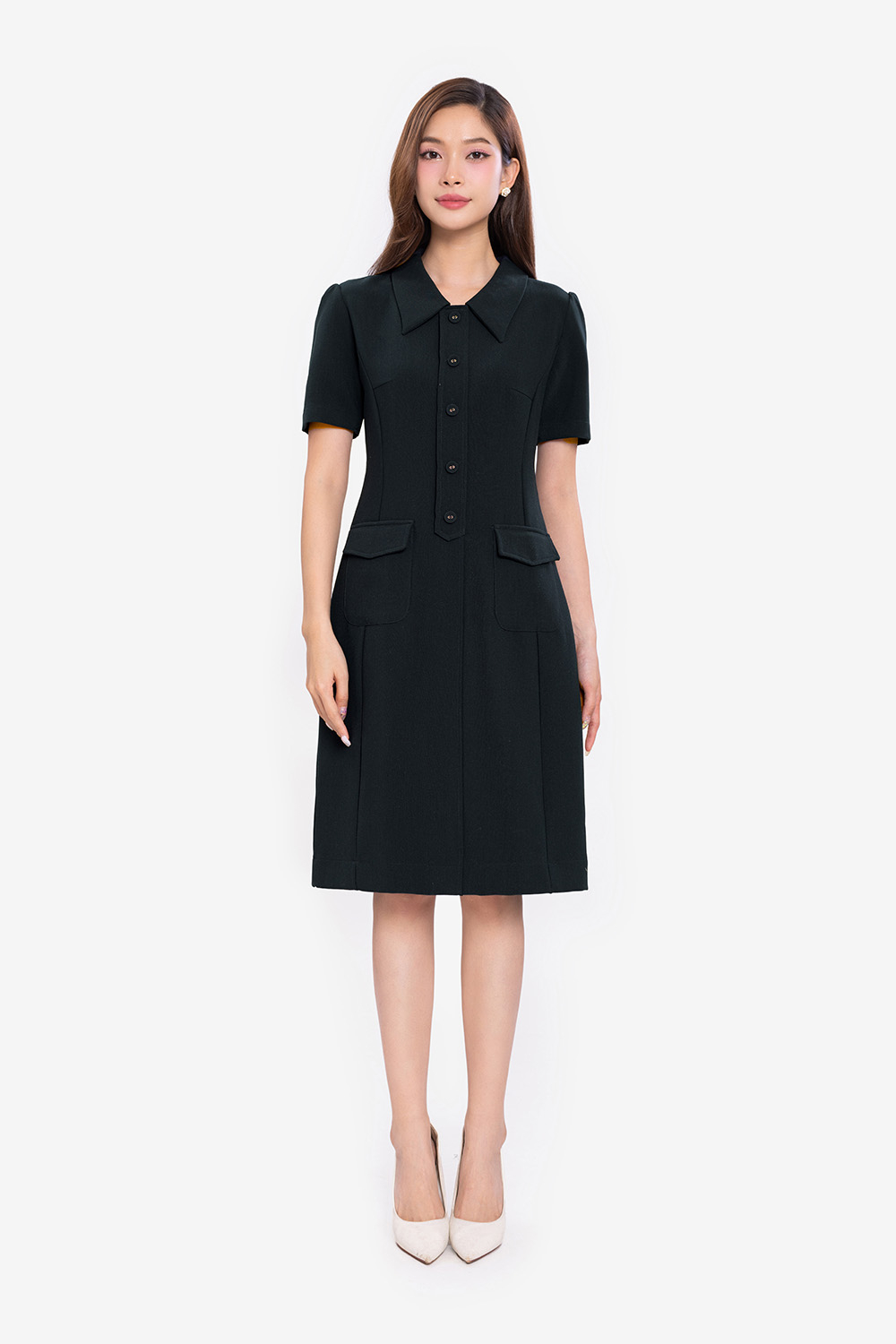 Đầm công sở dáng chữ A màu xanh đen