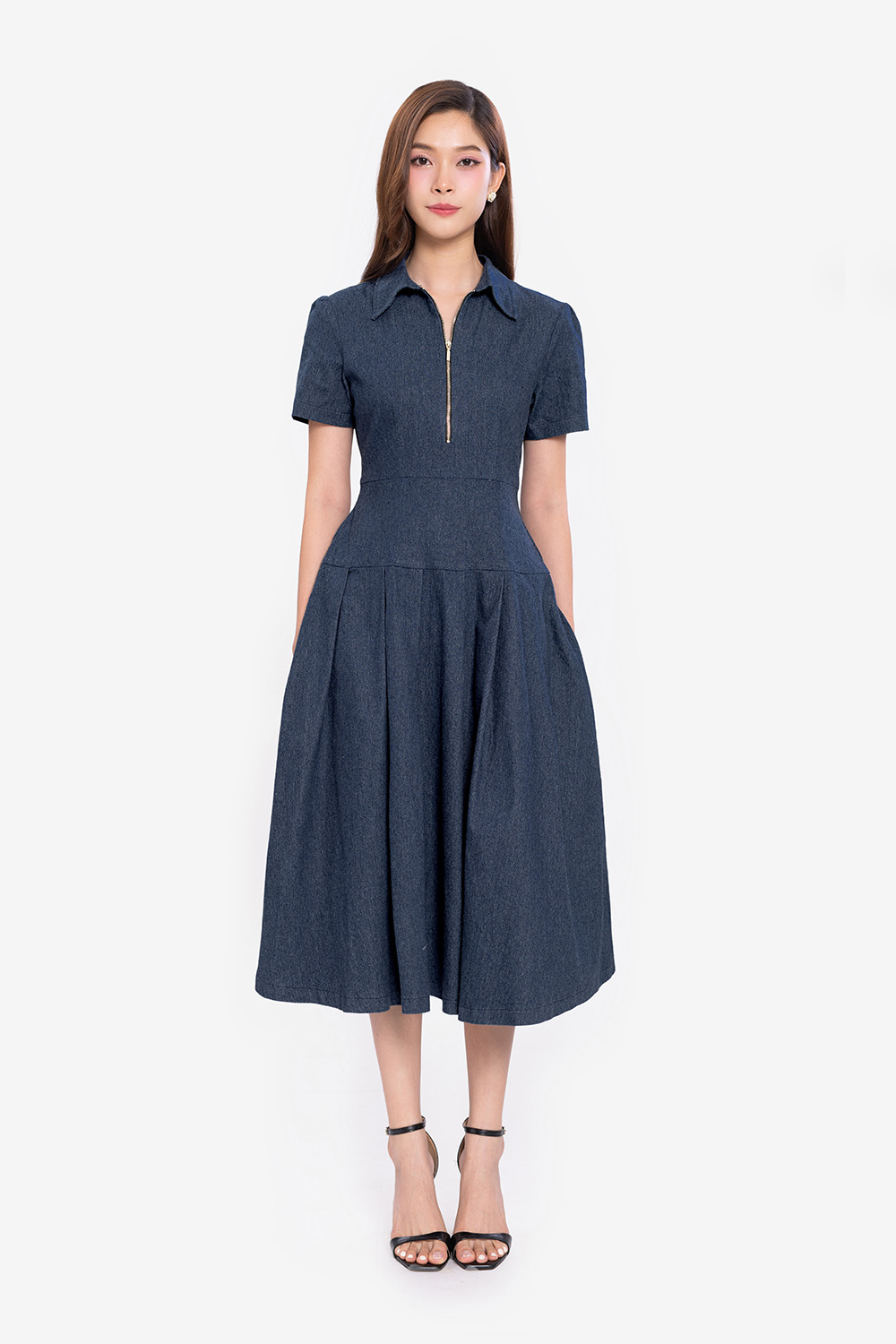 Đầm denim dáng xòe cổ sơ mi khóa kéo