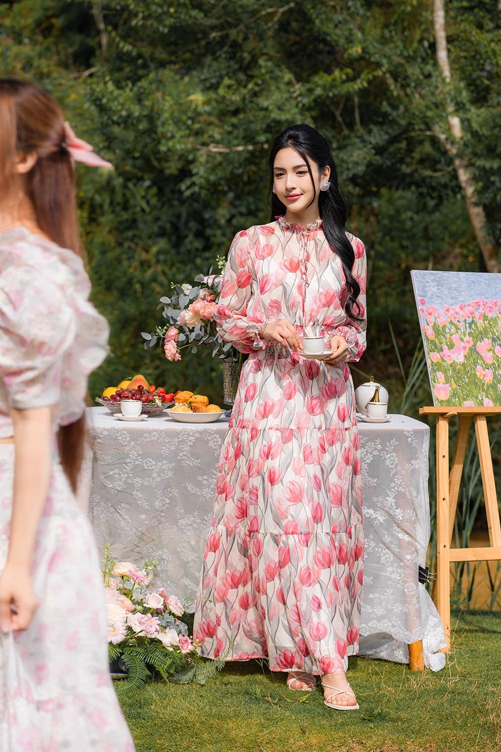 Đầm voan hoa dáng dài eo bo chun HL28-19