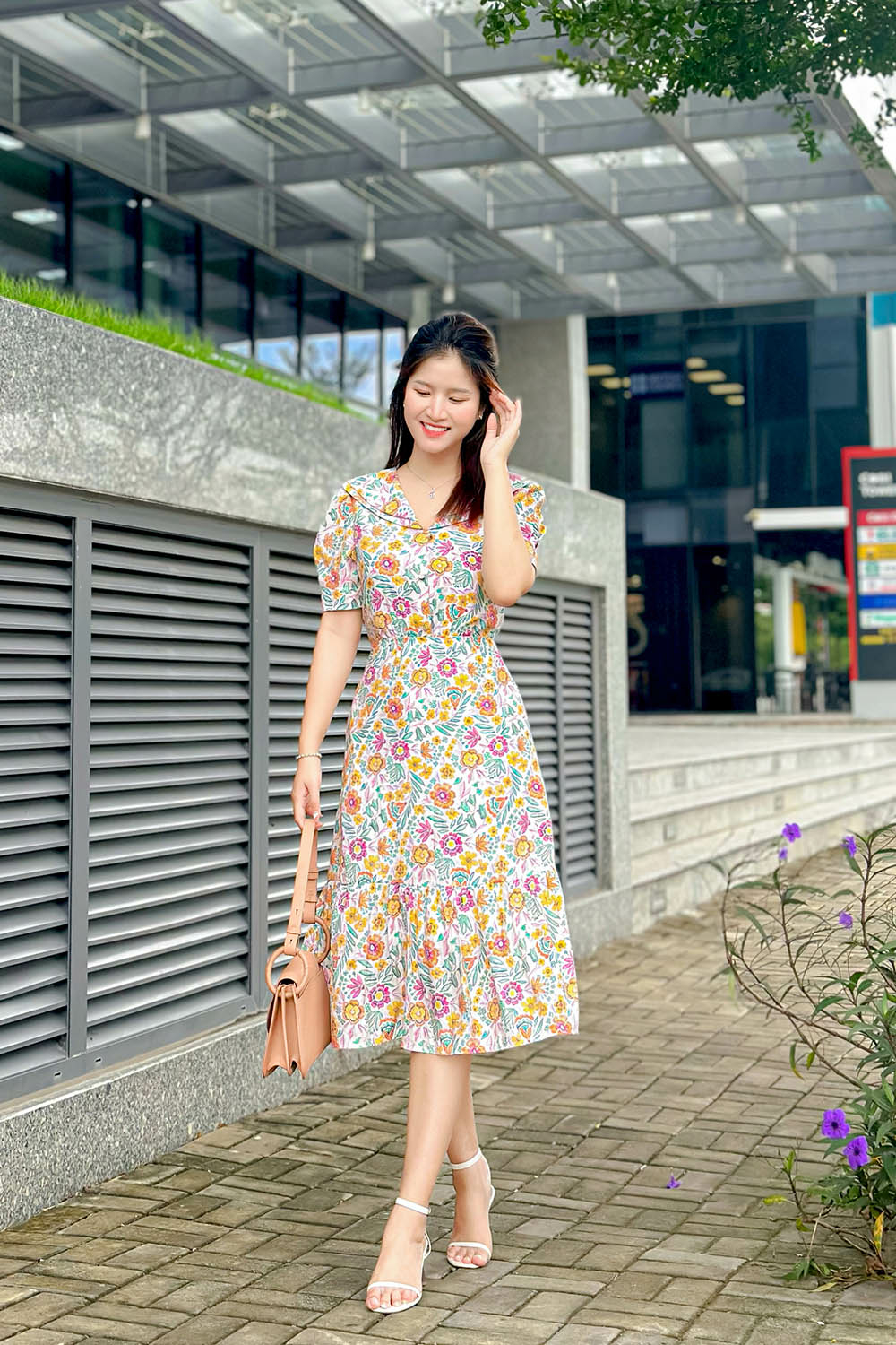 Đầm hoa công sở dáng chữ A đuôi cá KK169-09