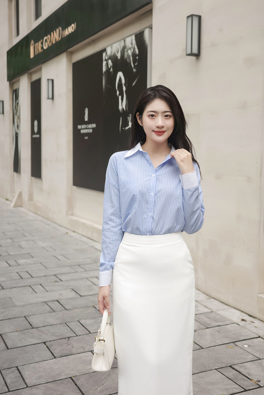 Áo sơ mi công sở nữ xanh sọc trắng ASM20-16