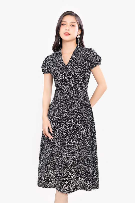 Đầm đen họa tiết dáng chữ A peplum KK169-03