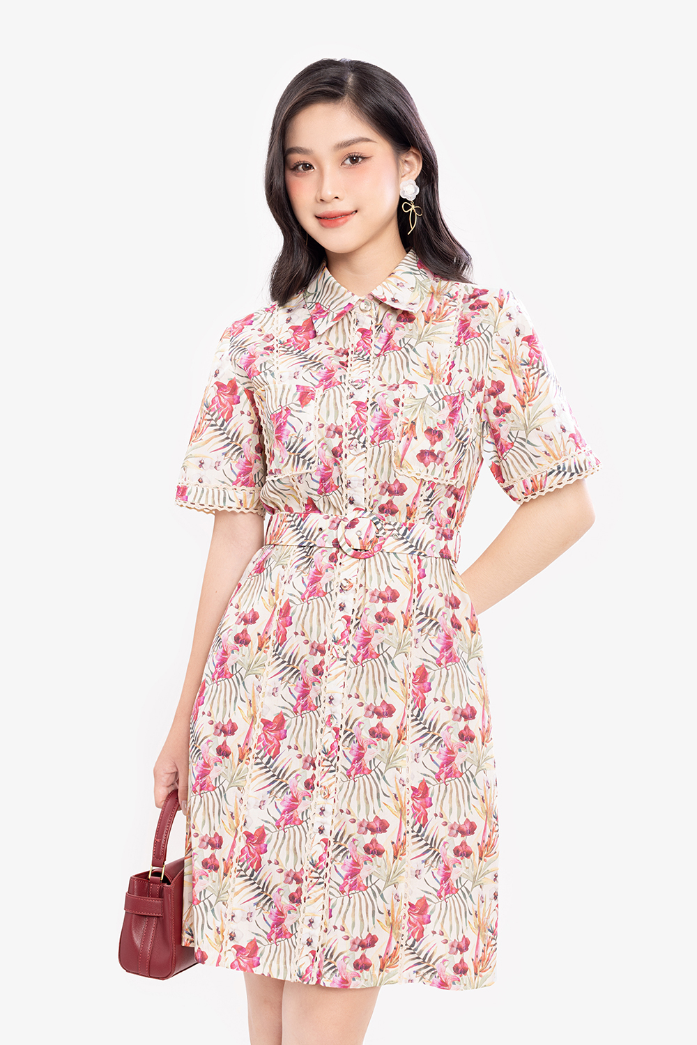 Đầm sơ mi dáng chữ A họa tiết hoa