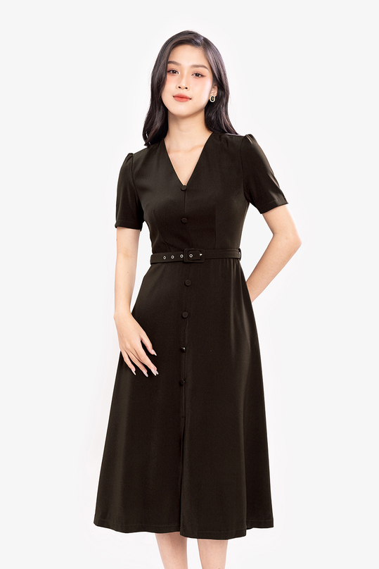 Đầm công sở dáng chữ A xòe màu nâu đen KK170-06